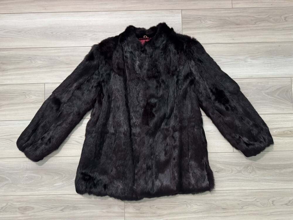 Taube Collection London Black Rabbit Fur Jacket UK 18 US 14 Burgundy Lining